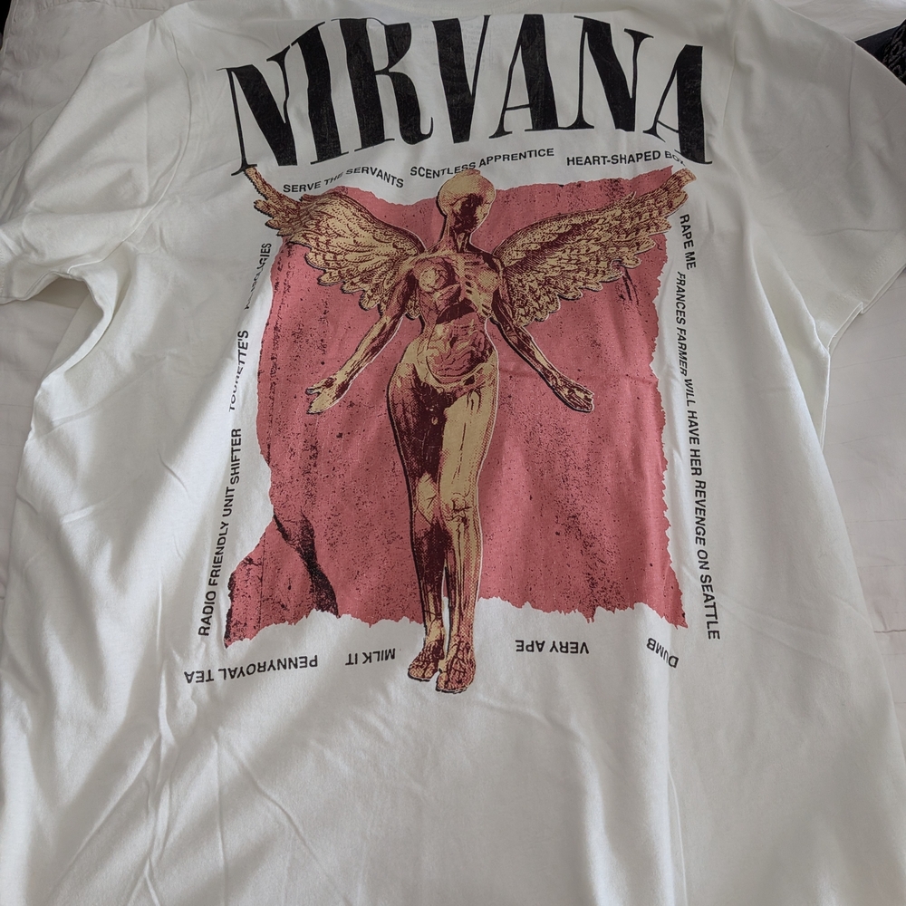 NIRVANA White Tee with Pink Block and Gold Angel Graphic Large